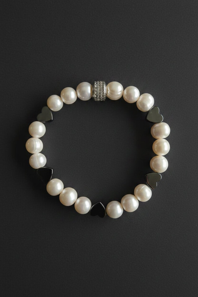 NEIJE - Bracelet Pigalle Perles de Culture et Hématite – Plaqué Or Blanc / L (poignet de 17 à 19 cm)
