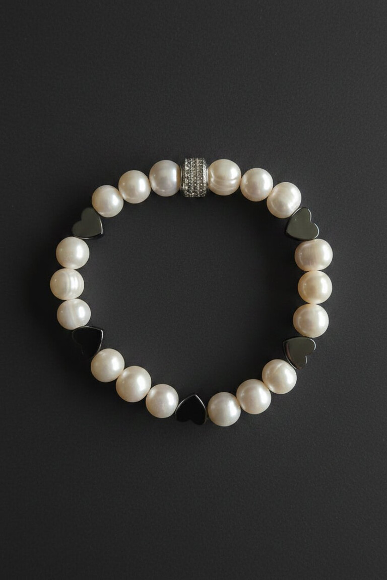 NEIJE - Bracelet Pigalle Perles de Culture et Hématite – Plaqué Or Blanc / L (poignet de 17 à 19 cm)
