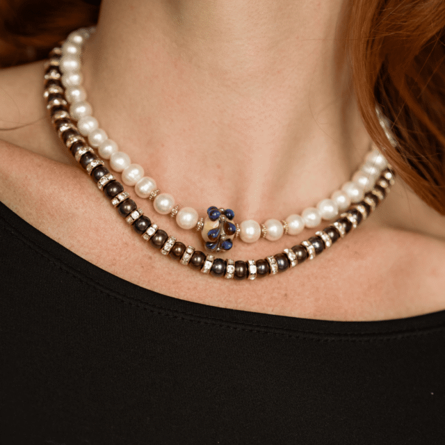 NEIJE - Parure Collier & Bracelet Perles de Culture Noires avec Diamants - Madame Bovary – L (poignet de 17 à 19 cm) / 50 cm + extension de 5 cm