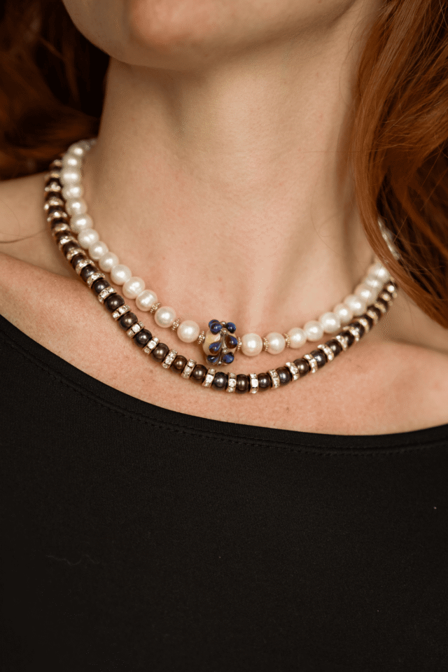 NEIJE - Parure Collier & Bracelet Perles de Culture Noires avec Diamants - Madame Bovary – L (poignet de 17 à 19 cm) / 50 cm + extension de 5 cm