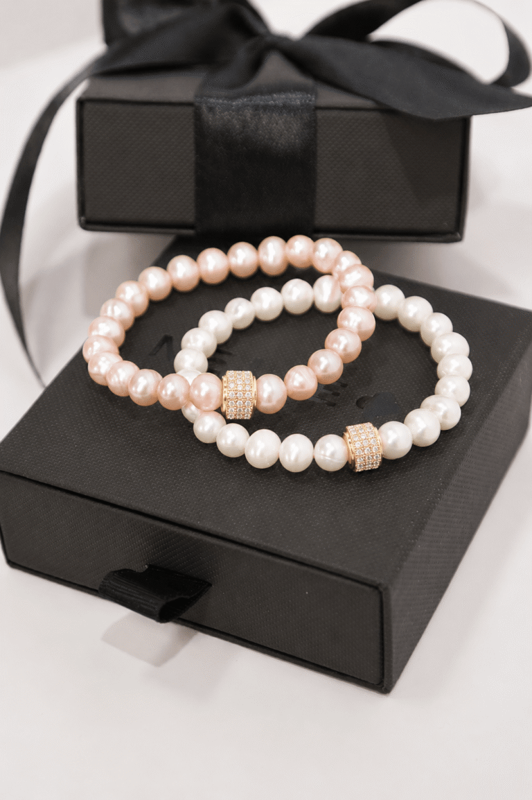 NEIJE - La Parure Parfaite Collier & Bracelet Perles de Culture Roses – 50 cm + extension de 5 cm / L (poignet de 17 à 19 cm)