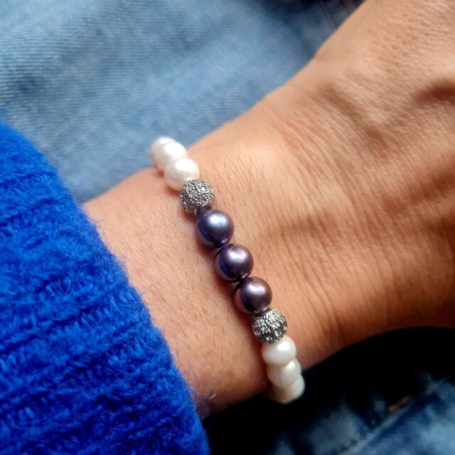 NEIJE - Bracelet Eclipse Perles d'eau douce et Or Blanc – XL (poignet de 19 à 21 cm)