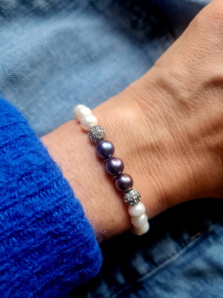 NEIJE - Bracelet Eclipse Perles d'eau douce & Perles Noires - Or Blanc – XL (poignet de 19 à 21 cm)
