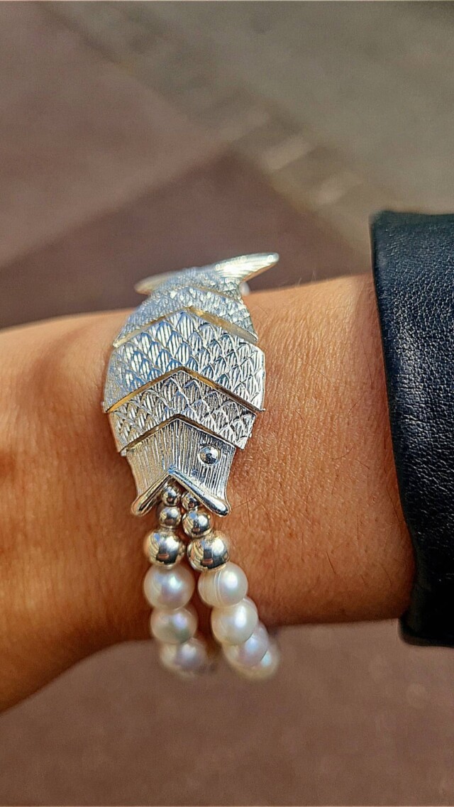 NEIJE - Bracelet Poisson Gefilte Perles de Culture Blanches et Argent – L (poignet de 17 à 19 cm)