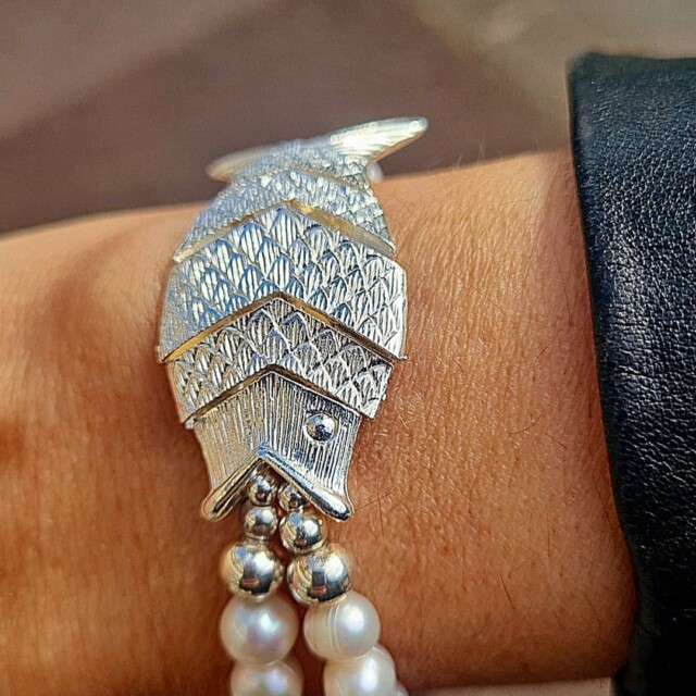 NEIJE - Bracelet Poisson Gefilte Perles de Culture Blanches et Argent – L (poignet de 17 à 19 cm)