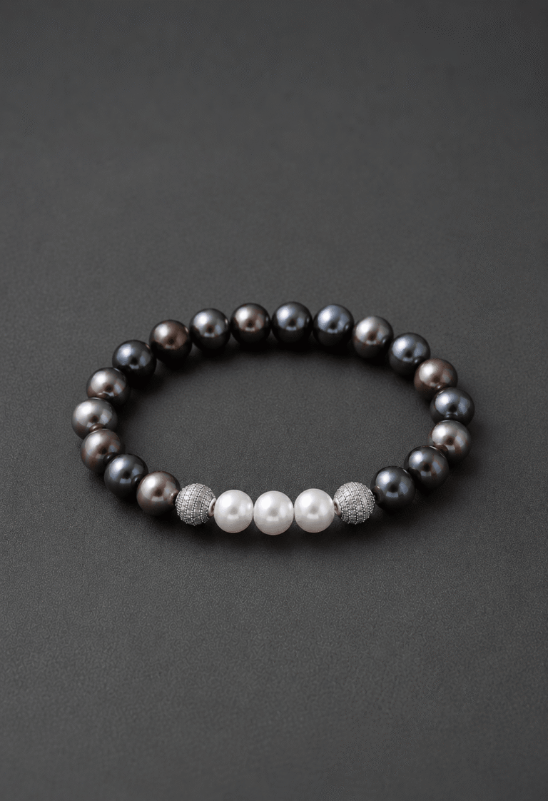 NEIJE - Bracelet Eclipse Perles d'eau douce noires et Or Blanc – XL (poignet de 19 à 21 cm)