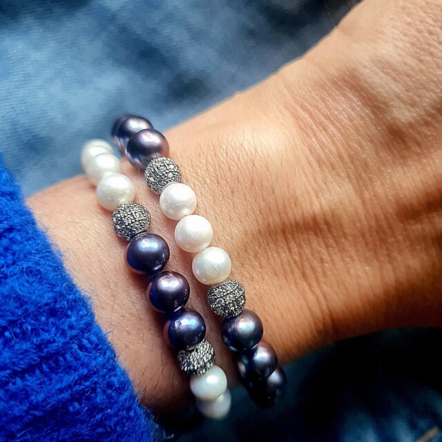 NEIJE - Bracelet Eclipse Perles d'eau douce et Or Blanc – XL (poignet de 19 à 21 cm)