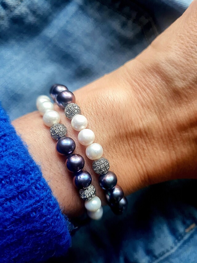 NEIJE - Bracelet Eclipse Perles d'eau douce et Or Blanc – XL (poignet de 19 à 21 cm)