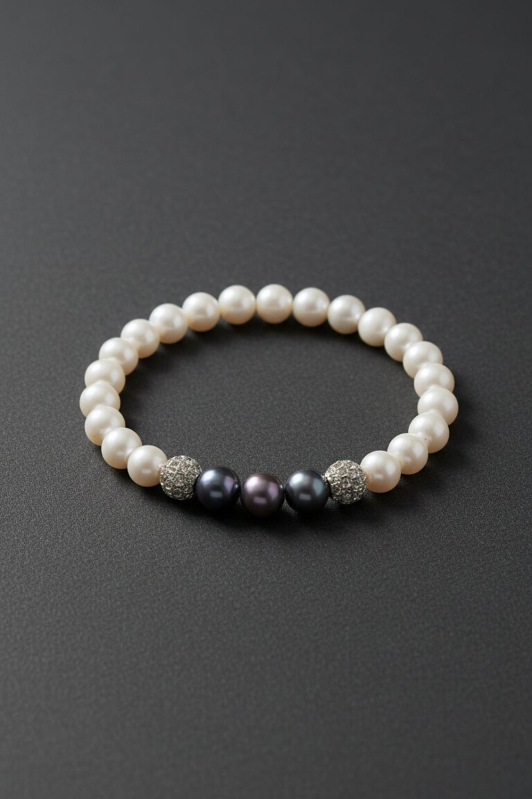 White and black natural bead bracelet NEIJE - Bracelet Eclipse Perles d'eau douce & Perles Noires - Or Blanc – XL (poignet de 19 à 21 cm)