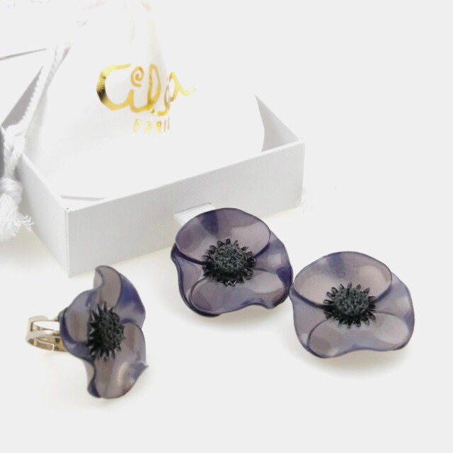 Ciléa Bijoux - Coffret cadeau Anémone petites boucles d'oreilles + bague – Noir / Clips (oreilles non percées)