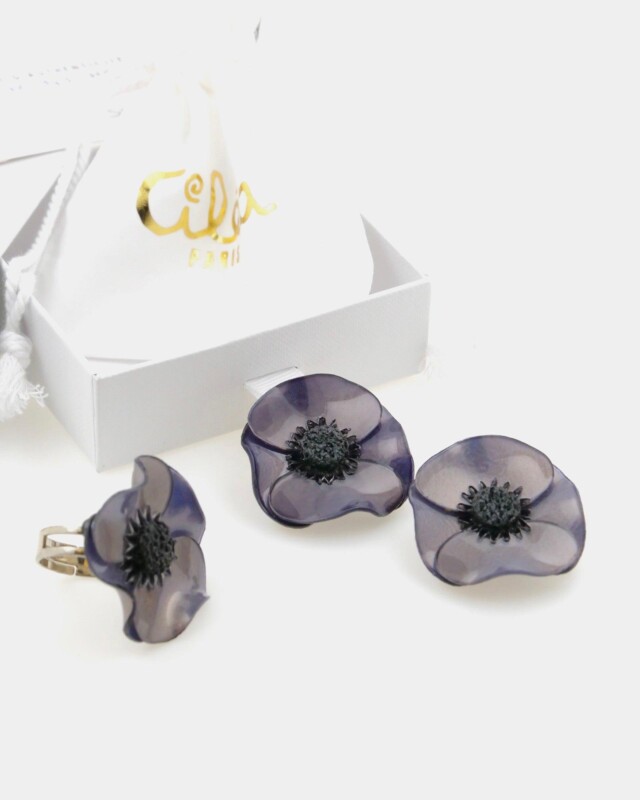 Ciléa Bijoux - Coffret cadeau Anémone petites boucles d'oreilles + bague – Noir / Clips (oreilles non percées)