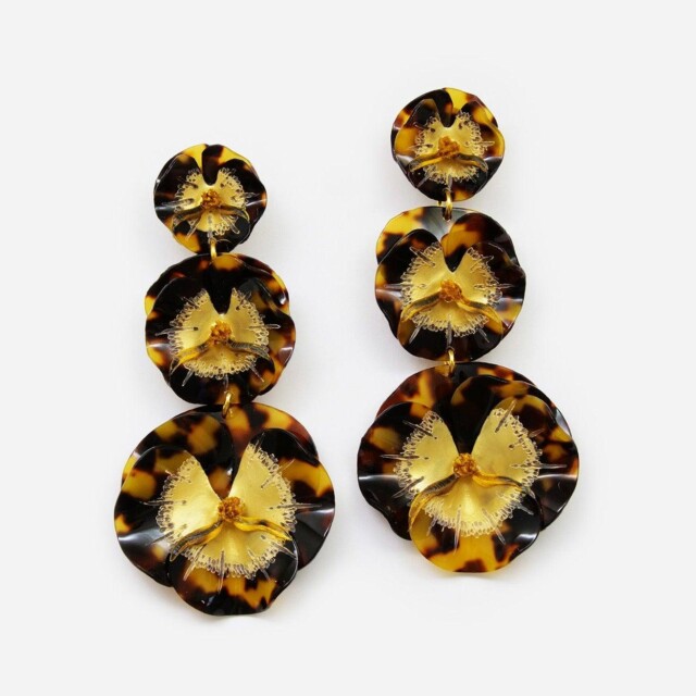 Ciléa Paris - Boucles d'oreilles pendantes 3 fleurs Pensée - Maxi – Rose / Tige (Oreilles percées)