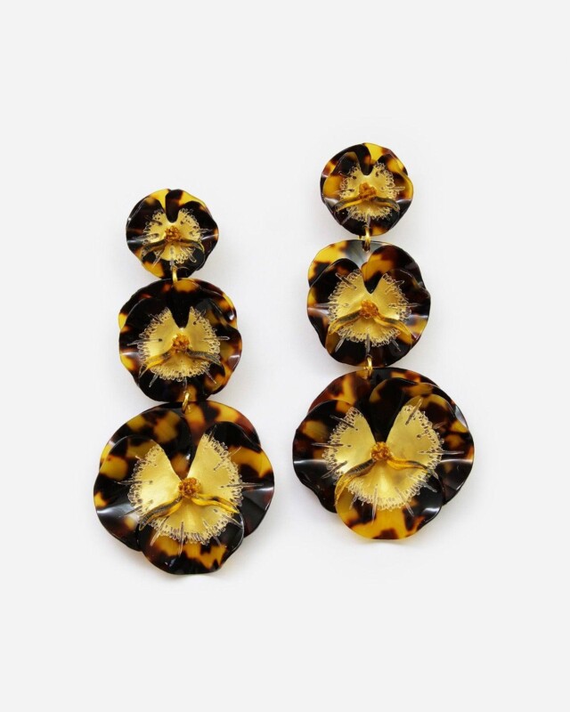 Ciléa Paris - Boucles d'oreilles pendantes 3 fleurs Pensée - Maxi – Rose / Tige (Oreilles percées)