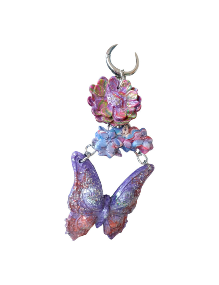 L’Atelier de Patricia - Bijoux porte clés sac à main papillon et fleurs – Violet