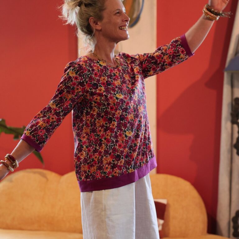 Quintessence - Blouse Constance — Coton crépuscule épicé & bandes lin bougainvillier – XXL