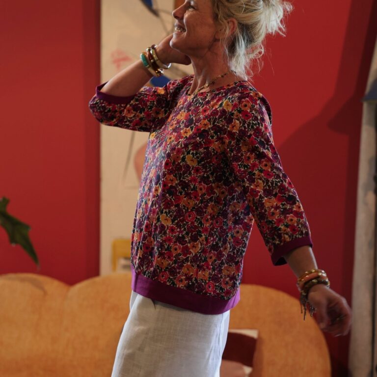 Quintessence - Blouse Constance — Coton crépuscule épicé & bandes lin bougainvillier – XXL