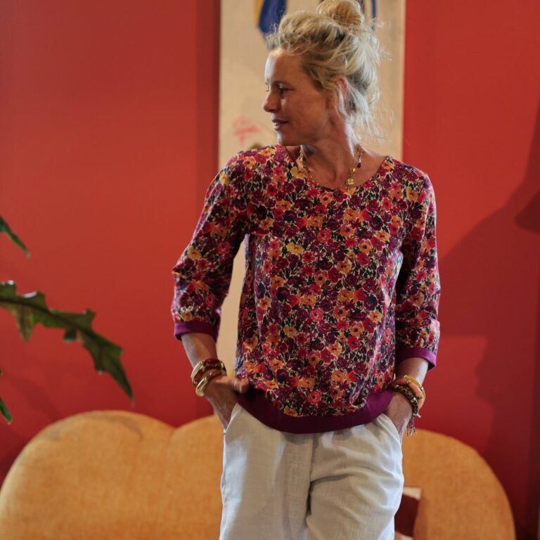 Quintessence - Blouse Constance — Coton crépuscule épicé & bandes lin bougainvillier – XXL