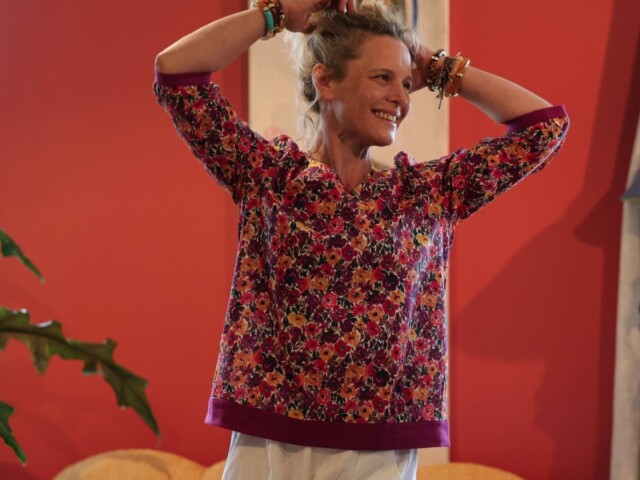 blouse constance coton crepuscule epice bandes lin bougainvillier 5089101 Quintessence - Blouse Constance — Coton crépuscule épicé & bandes lin bougainvillier – XXL