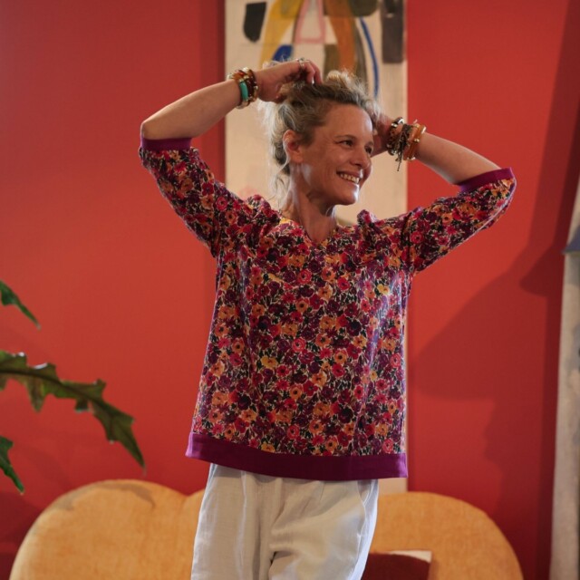 Blouse Constance — Coton crépuscule épicé & bandes lin bougainvillier par la marque Quintessence Quintessence - Blouse Constance — Coton crépuscule épicé & bandes lin bougainvillier