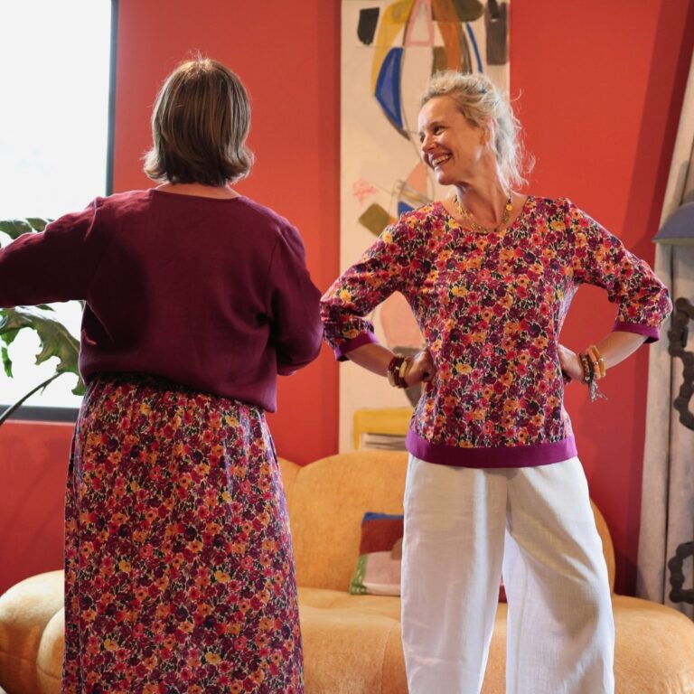 Quintessence - Blouse Constance — Coton crépuscule épicé & bandes lin bougainvillier – XXL
