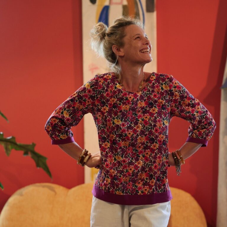 Quintessence - Blouse Constance — Coton crépuscule épicé & bandes lin bougainvillier – XXL