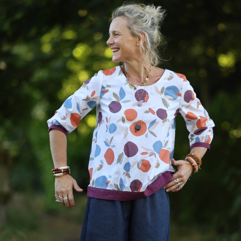 Quintessence - Blouse Constance — Coton fruité & bandes lin lilas – XXL