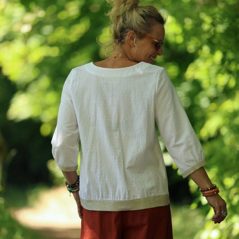 Quintessence - Blouse Constance — Coton plumetis blanc & bandes lin chiné ficelle – XXL