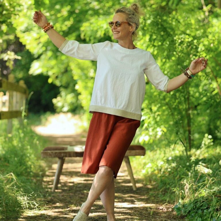 Quintessence - Blouse Constance — Coton plumetis blanc & bandes lin chiné ficelle – XXL