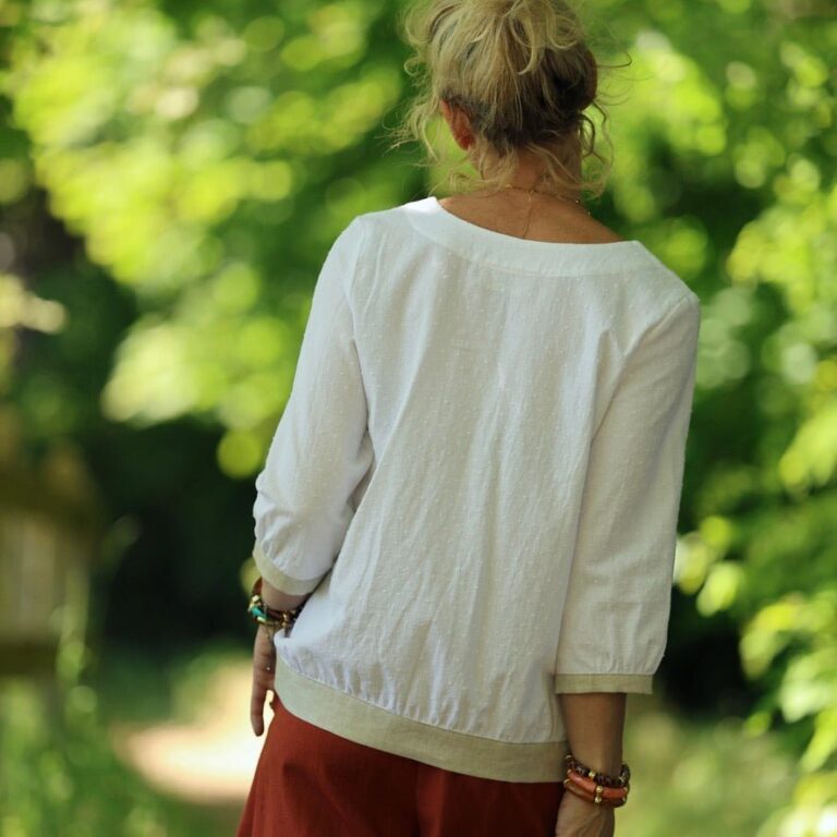 Quintessence - Blouse Constance — Coton plumetis blanc & bandes lin chiné ficelle – XXL