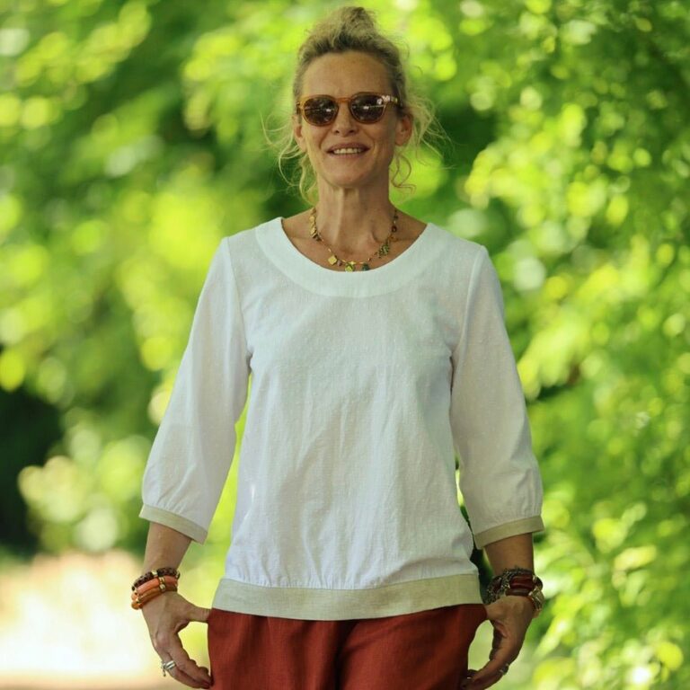 Quintessence - Blouse Constance — Coton plumetis blanc & bandes lin chiné ficelle – XXL