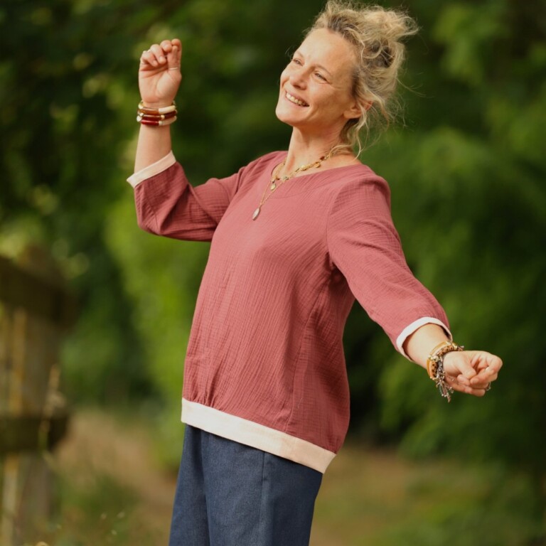 Quintessence - Blouse Constance — Double gaze terracotta & bandes armuré rose poudré – XXL