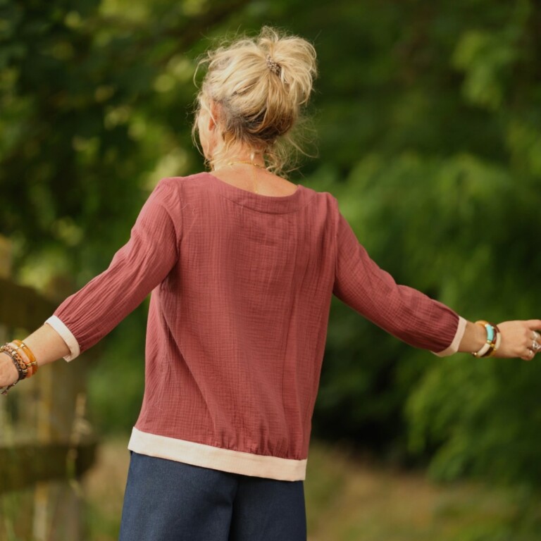 Quintessence - Blouse Constance — Double gaze terracotta & bandes armuré rose poudré – XXL
