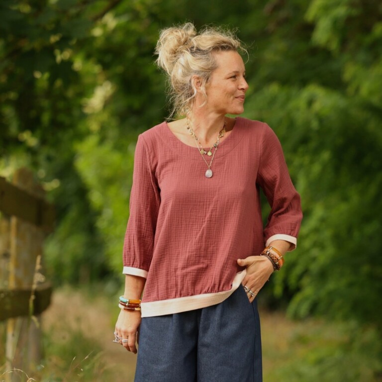 Quintessence - Blouse Constance — Double gaze terracotta & bandes armuré rose poudré – XXL