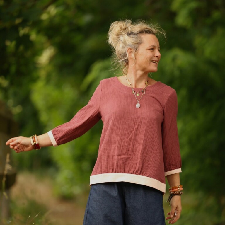 Quintessence - Blouse Constance — Double gaze terracotta & bandes armuré rose poudré – XXL