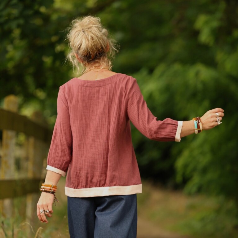 Quintessence - Blouse Constance — Double gaze terracotta & bandes armuré rose poudré – XXL