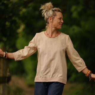 Quintessence - Blouse Constance — Lin beige & bandes rose poudré