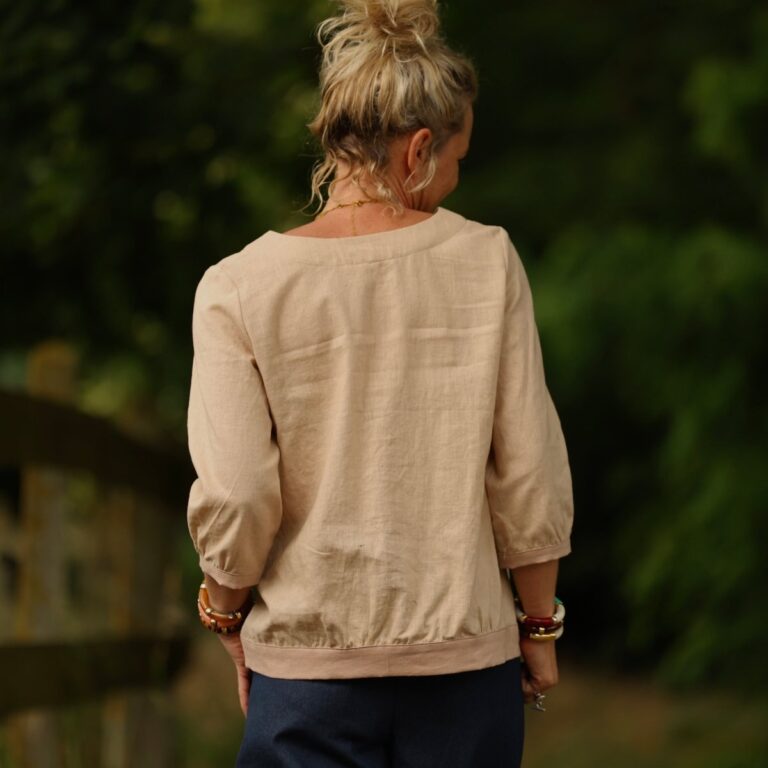 Quintessence - Blouse Constance — Lin beige & bandes rose poudré – XXL