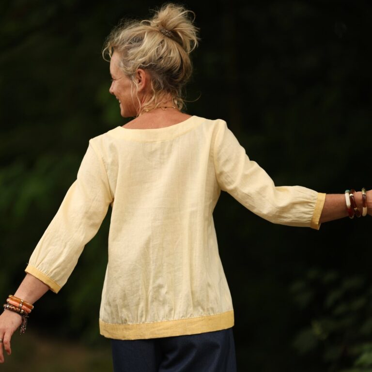 Quintessence - Blouse Constance — Lin jaune pâle & bandes lin chiné bouton d'or – XXL
