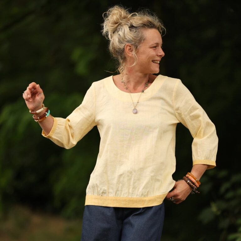 Quintessence - Blouse Constance — Lin jaune pâle & bandes lin chiné bouton d'or – XXL