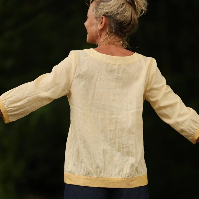 Quintessence - Blouse Constance — Lin jaune pâle & bandes lin chiné bouton d'or – XXL