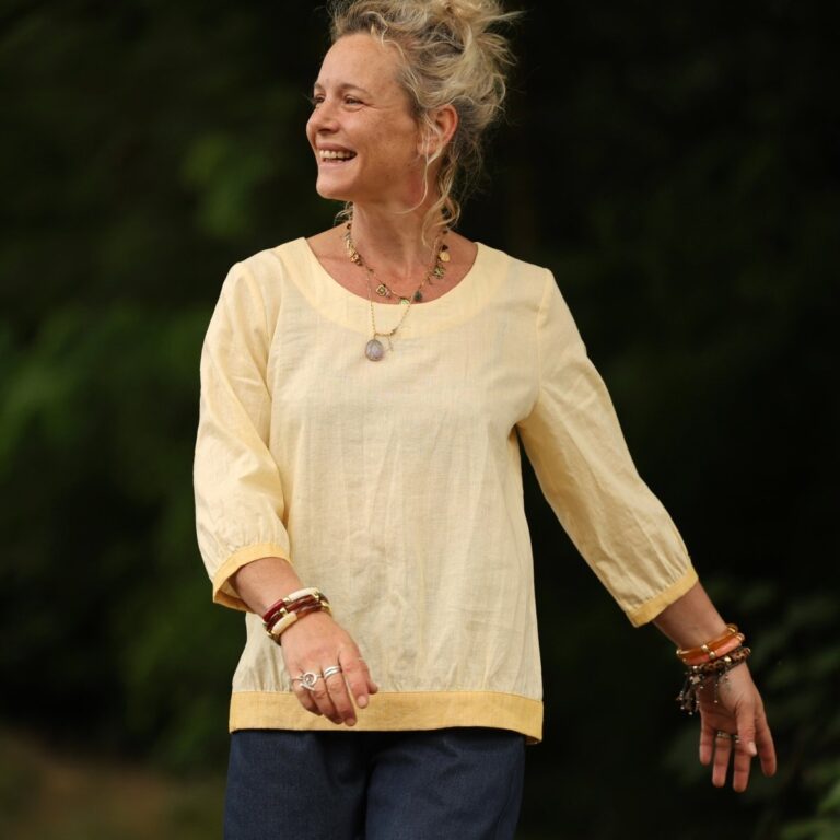 Quintessence - Blouse Constance — Lin jaune pâle & bandes lin chiné bouton d'or – XXL