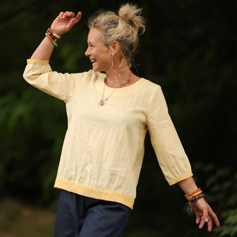 Quintessence - Blouse Constance — Lin jaune pâle & bandes lin chiné bouton d'or – XXL