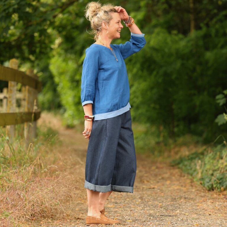 Quintessence - Blouse Constance — Lin majorelle & bandes bleu océan – XXL