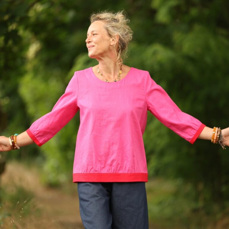 Quintessence - Blouse Constance — Lin rose fuchsia & bandes coquelicot – XL