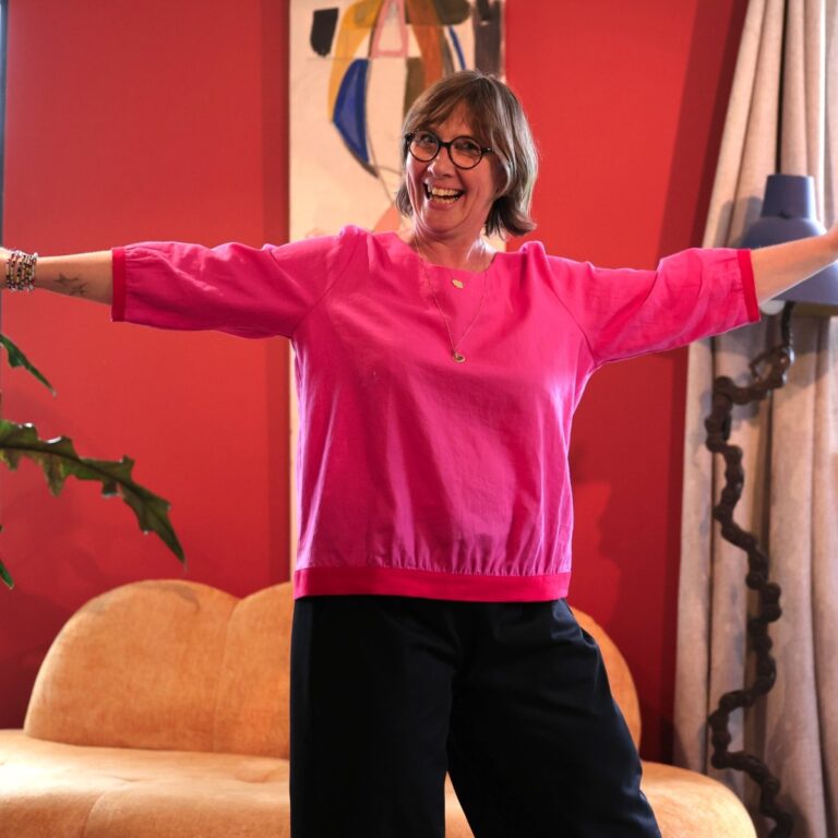 Quintessence - Blouse Constance — Lin rose fuchsia & bandes coquelicot – XL