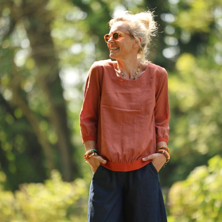 Quintessence - Blouse Constance — Lin terracotta & bandes terre de Sienne – XXL