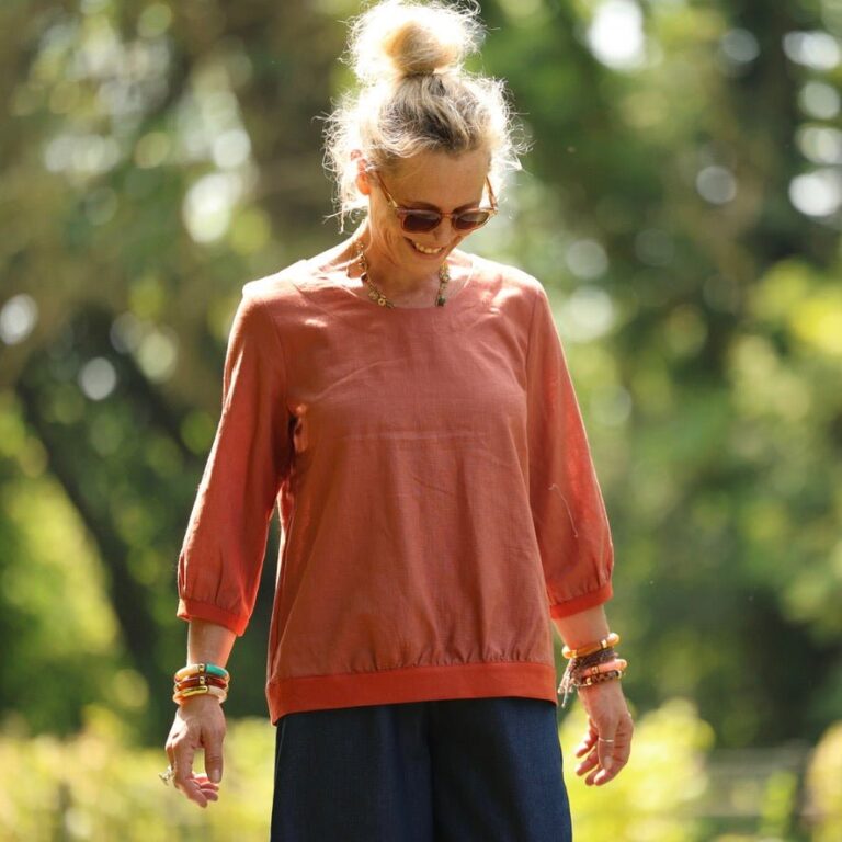 Quintessence - Blouse Constance — Lin terracotta & bandes terre de Sienne – XXL