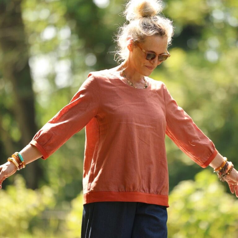 Quintessence - Blouse Constance — Lin terracotta & bandes terre de Sienne – XXL