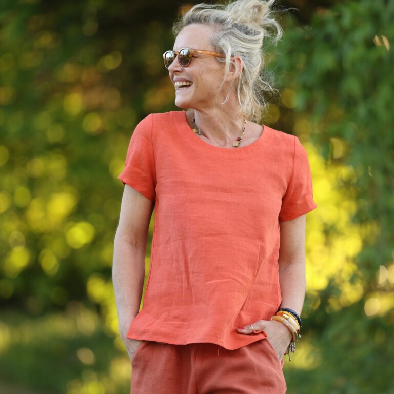 Quintessence - Blouse Emeline en lin orange crépuscule – 3XL