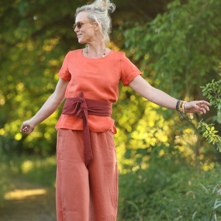 Quintessence - Blouse Emeline en lin orange crépuscule – 3XL